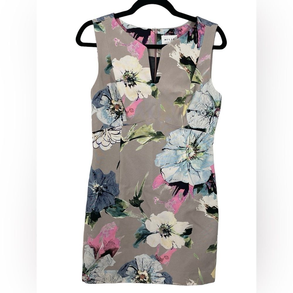 Milly Floral Sleeveless Sheath Dress Size 6 Multicolor Beige Pink Blue Cream